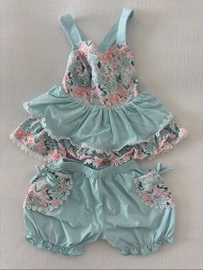 Busy Bee Smocked Aqua Floral Ruffle Dress with Bloomers